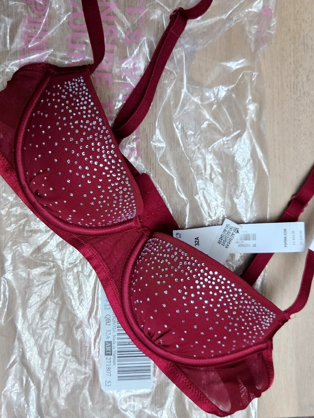 PINK WINK Push Up Balconette Bra Shimmer Mesh Red Lacquer 32A Victoria's Secret